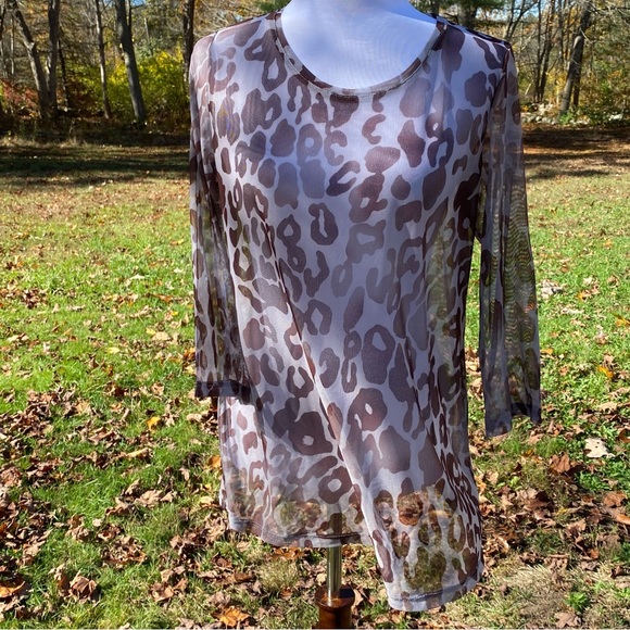 LOGO LAYERS LORI GOLDSTEIN TOP GRAY BROWN SHEER PRINT 3/4 SLEEVE SIZE M - Picture 1 of 8